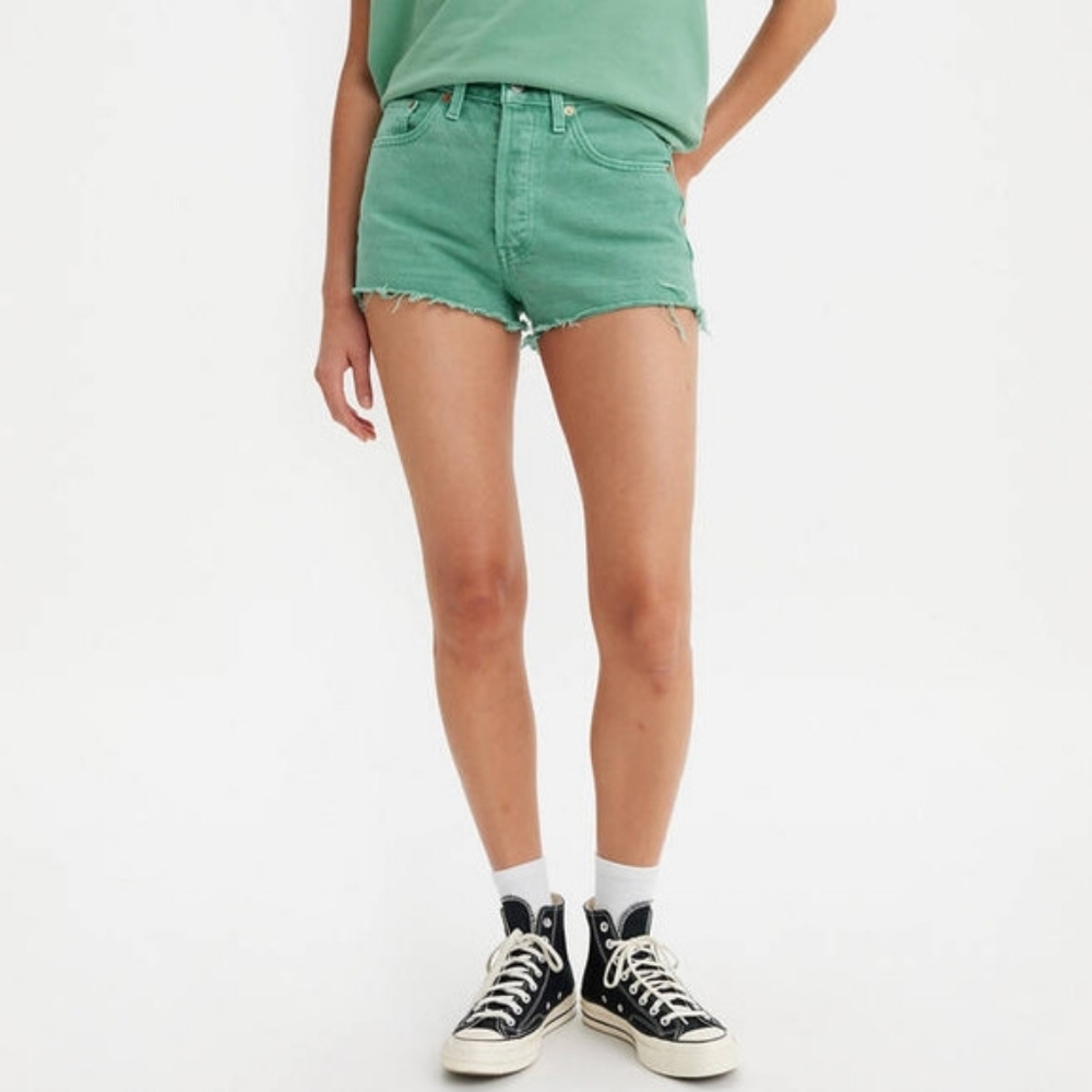 Levi's 501s Dusty Beryl Green High Waist Cut Off Denim Shorts 27 NWT.